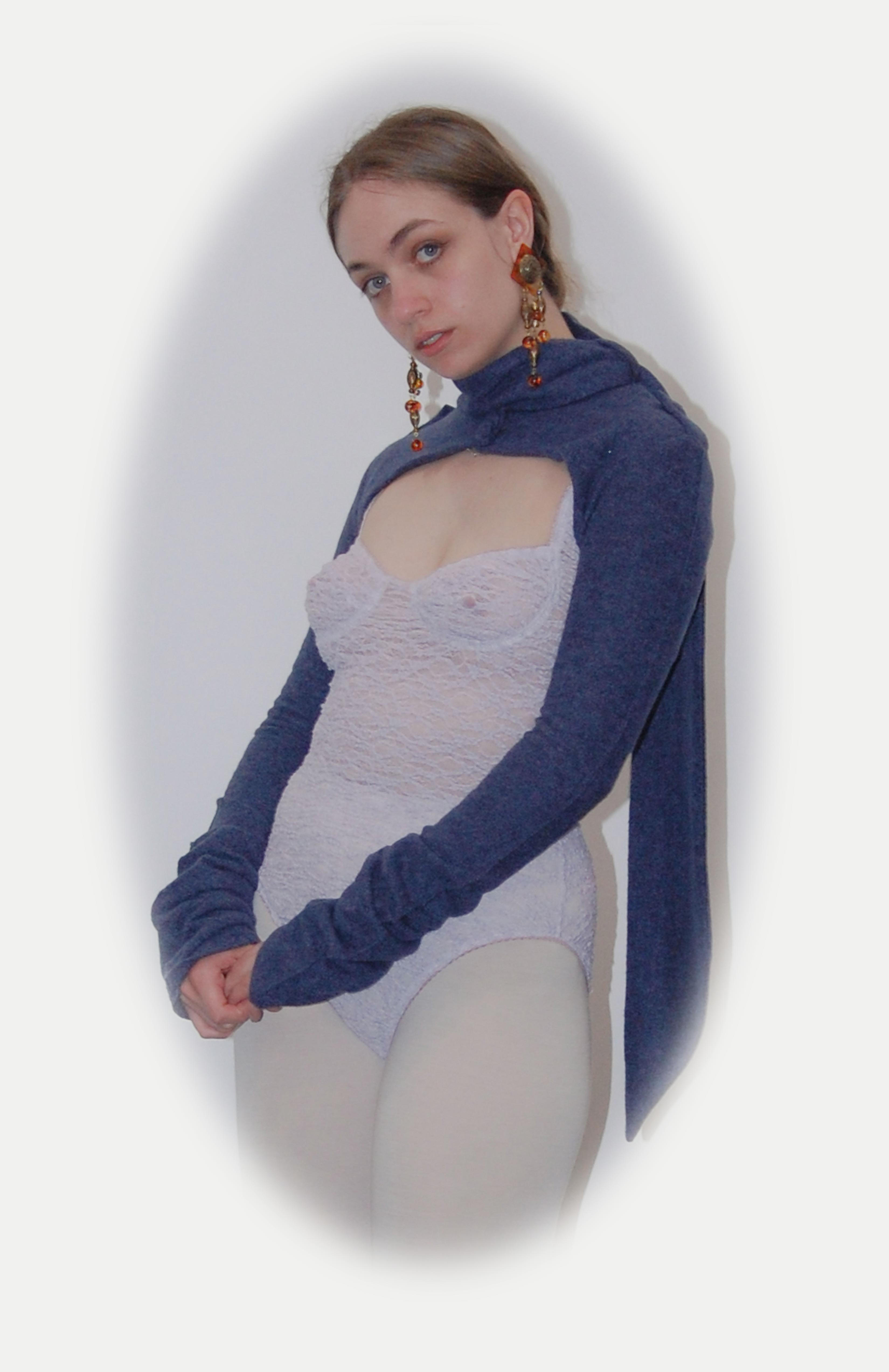 Maroske Peech, Brush fuzzy navy ink marl bolero, aviator jacket, military shoulder tabs, gathered sleeves and scarf collar