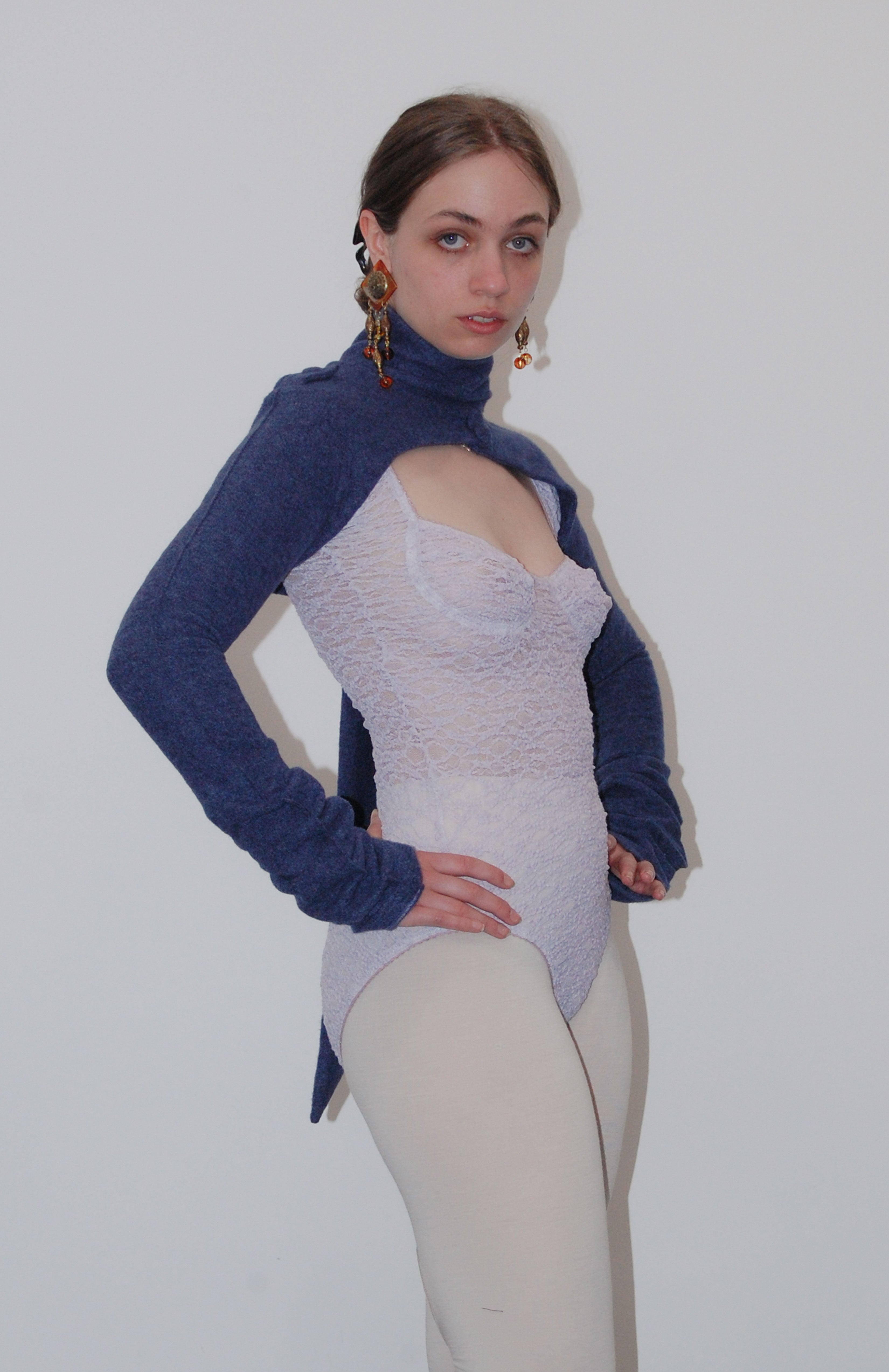 Maroske Peech, Brush fuzzy navy ink marl bolero, aviator jacket, military shoulder tabs, gathered sleeves and scarf collar