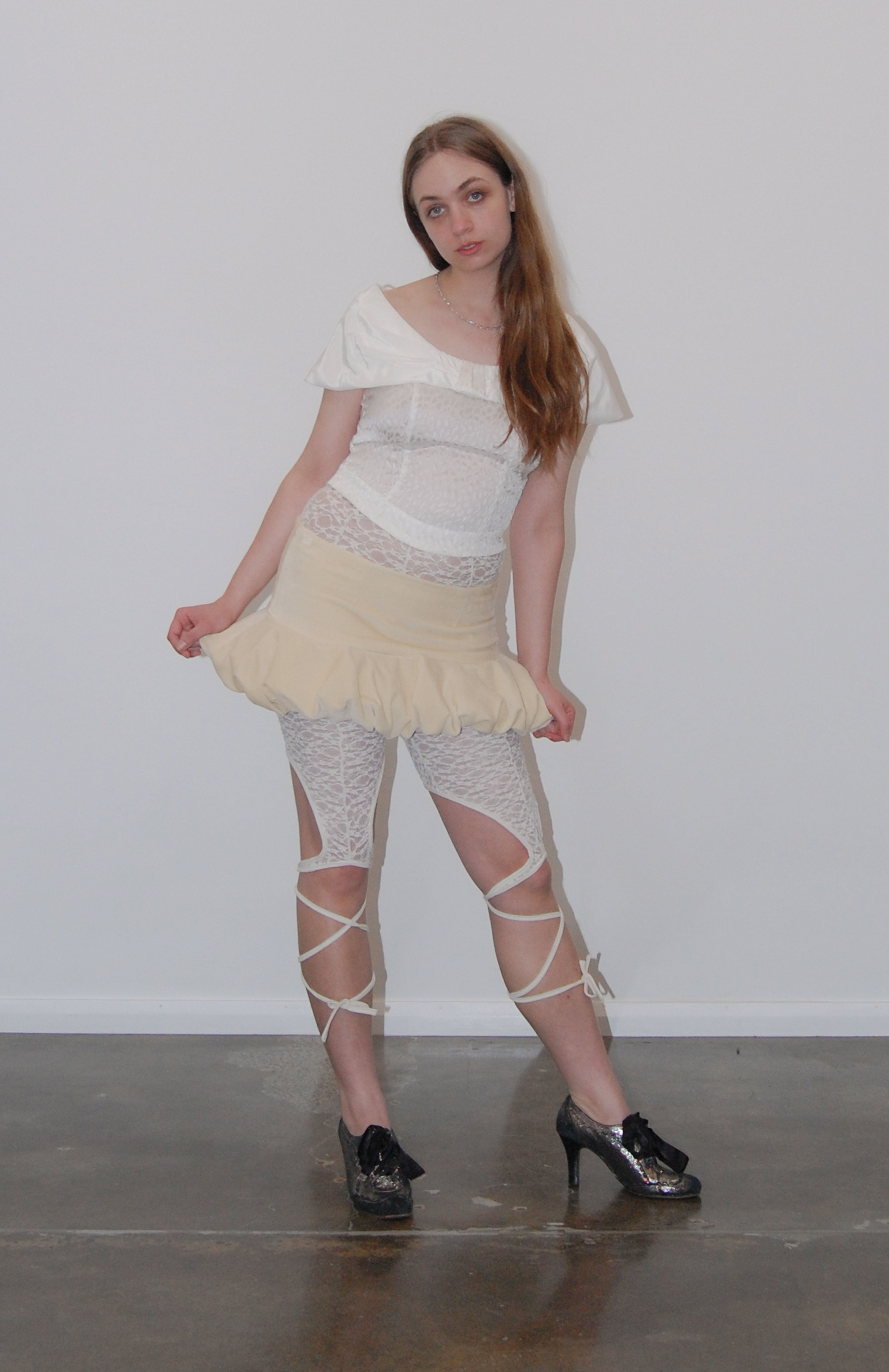 maroske peech High waisted ivory lace leggings with tendrils that grow from the knee. A spell is cast when these tendrils are wrapped around your legs and tied. Super comfortable and stretchy with a brushed elastic waistband. styled of the black lace leotard