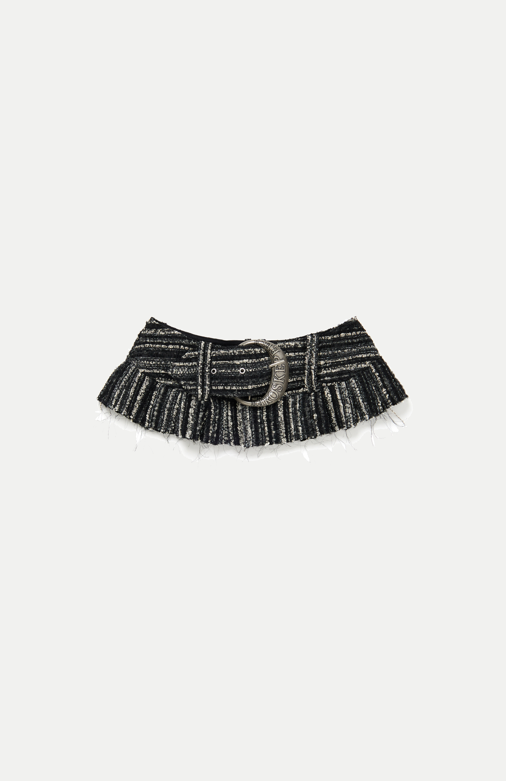 Pleated belt that is slashed at the hem, a signature centre front Maroske Peech branded D buckle holds the belt closed with three adjustable eyelet sizes settings.
Made from a chic deadstock black and white Italian boucle tweed with metallic flecks.