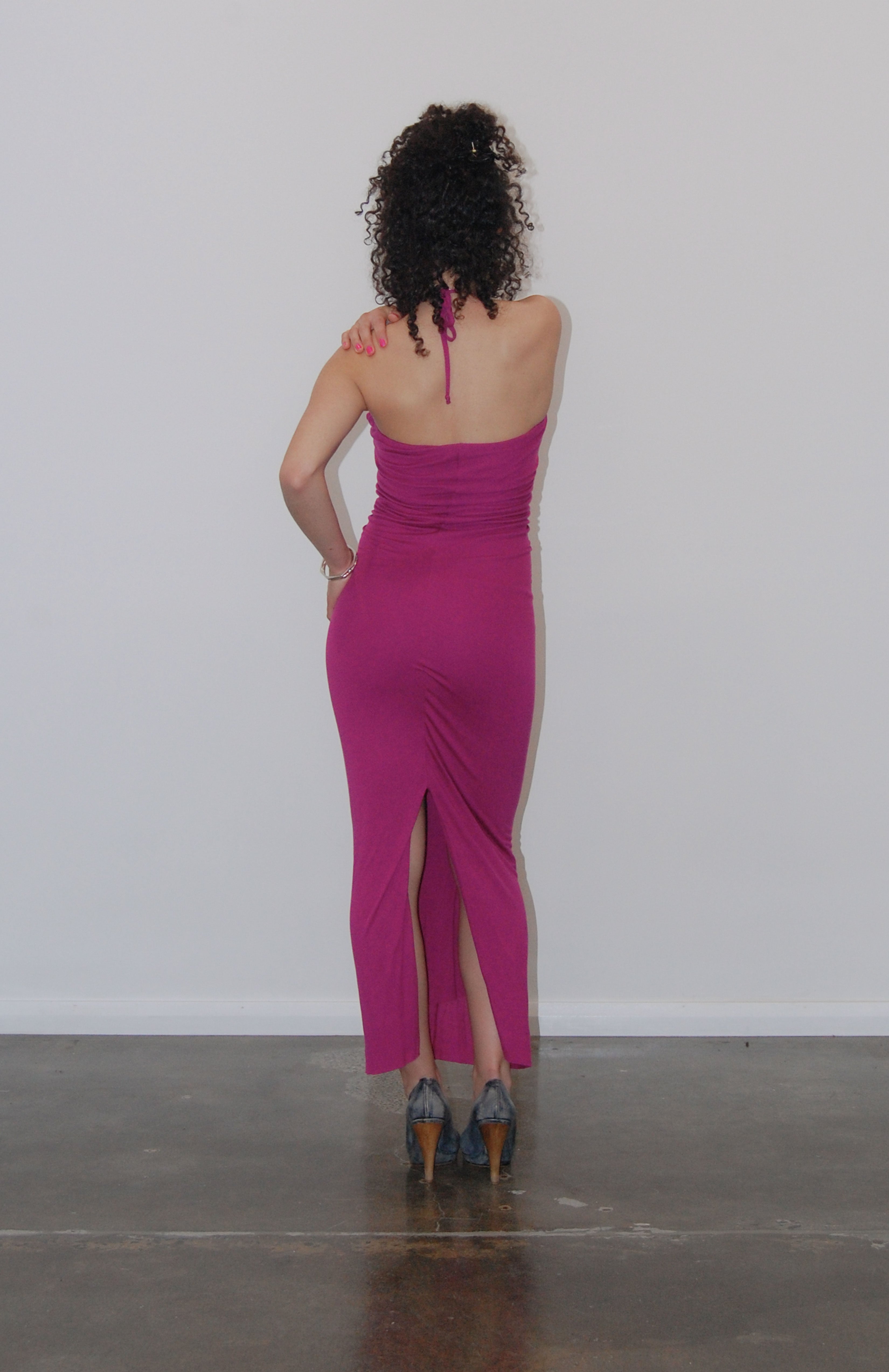 Maroske Peech Purse Maxi Dress, Hot pink, fuchsia, Halter, Gathered, shopping, Mall, Alt, Indie, Core, Cyber, attached bag, Attached purse, Indie, Independent, Maroske Peech, side split, back split, Single adjustable spaghetti strap, Viscose, Satin Satin, Magnetic closure