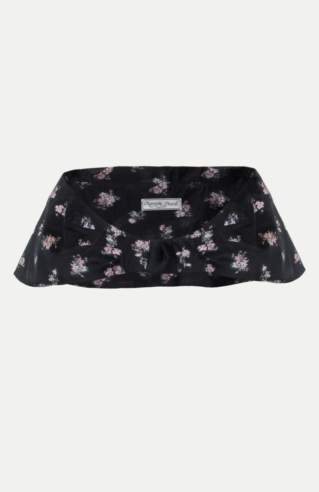 Maroske Peech, A stylish cape-like black floral bow collar. Sits on your shoulders to frame the neck and face. Fashioned in a light weight woven jacquard with a flattering detailed pink metallic floral. A perfect way to create a dramatic frame-like allure to elevate any outfit when your presence is required.